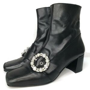 ALOHAS Anastassia Black Ankle Boots with Rhinestone Buckle Square Toe